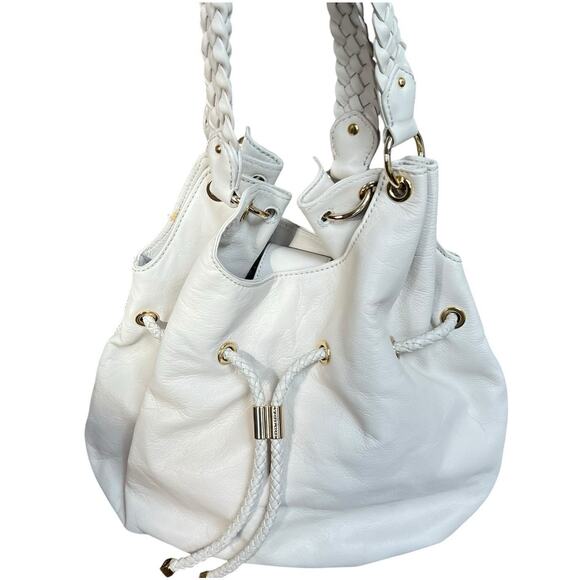 Michael Kors Ivory White Leather Drawstring Tassel Bucket Shoulder Bag Braided - Picture 1 of 16